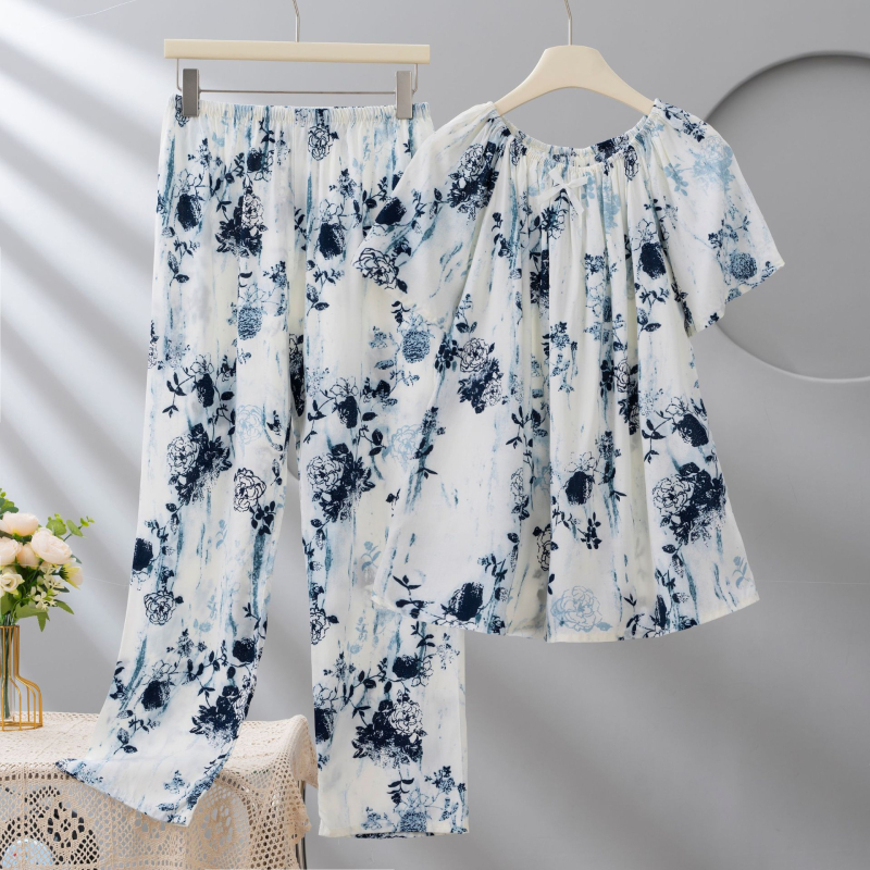 Σετ πιτζάμες από Lyocell για γυναίκες, με στρογγυλή λαιμόκοψη, μανίκια 3/4, μακριά παντελόνια, εκτύπωση, ελαφρύ και διαπνέον.