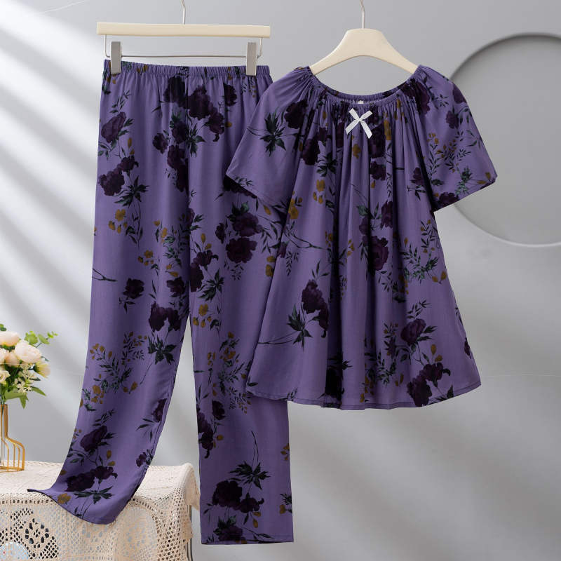 Σετ πιτζάμες από Lyocell για γυναίκες, με στρογγυλή λαιμόκοψη, μανίκια 3/4, μακριά παντελόνια, εκτύπωση, ελαφρύ και διαπνέον.