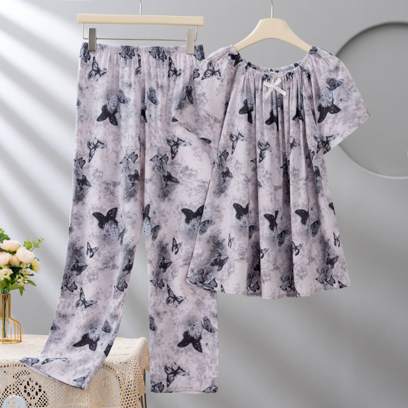 Σετ πιτζάμες από Lyocell για γυναίκες, με στρογγυλή λαιμόκοψη, μανίκια 3/4, μακριά παντελόνια, εκτύπωση, ελαφρύ και διαπνέον.