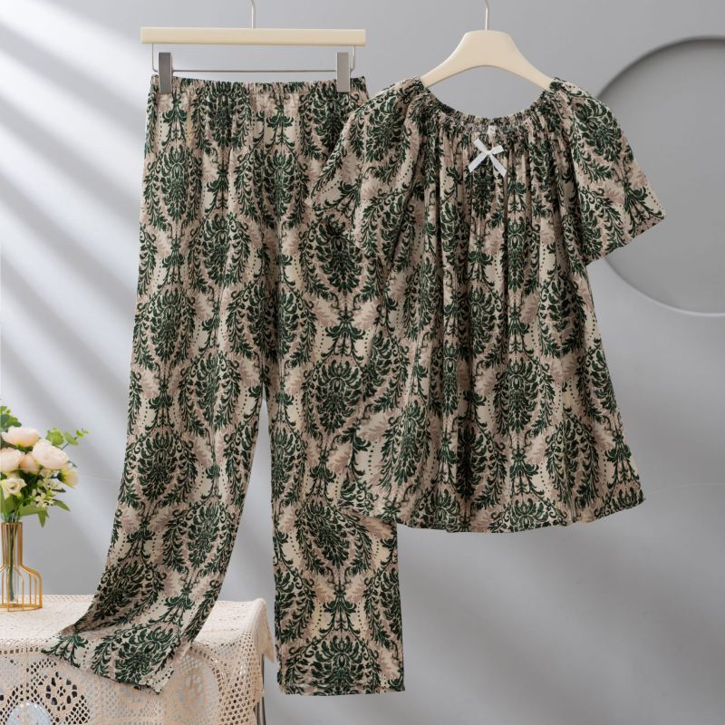 Σετ πιτζάμες από Lyocell για γυναίκες, με στρογγυλή λαιμόκοψη, μανίκια 3/4, μακριά παντελόνια, εκτύπωση, ελαφρύ και διαπνέον.