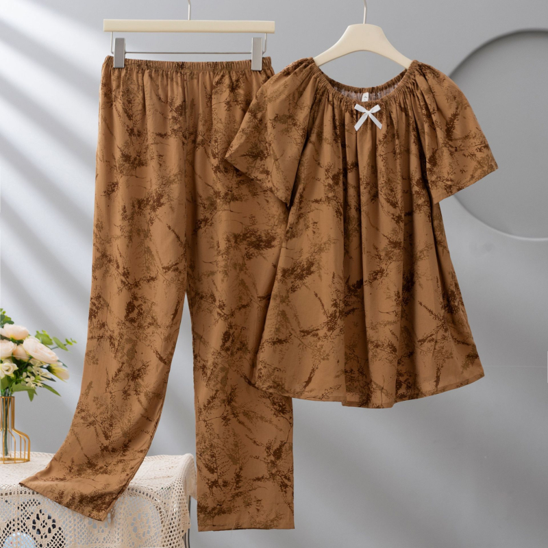 Σετ πιτζάμες από Lyocell για γυναίκες, με στρογγυλή λαιμόκοψη, μανίκια 3/4, μακριά παντελόνια, εκτύπωση, ελαφρύ και διαπνέον.