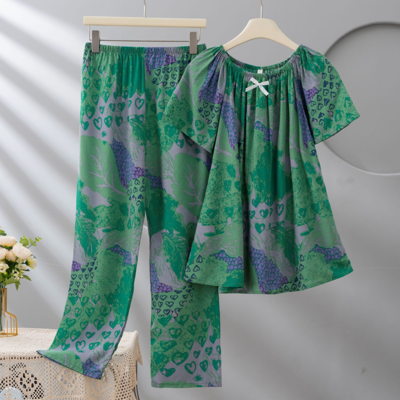 Σετ πιτζάμες από Lyocell για γυναίκες, με στρογγυλή λαιμόκοψη, μανίκια 3/4, μακριά παντελόνια, εκτύπωση, ελαφρύ και διαπνέον.