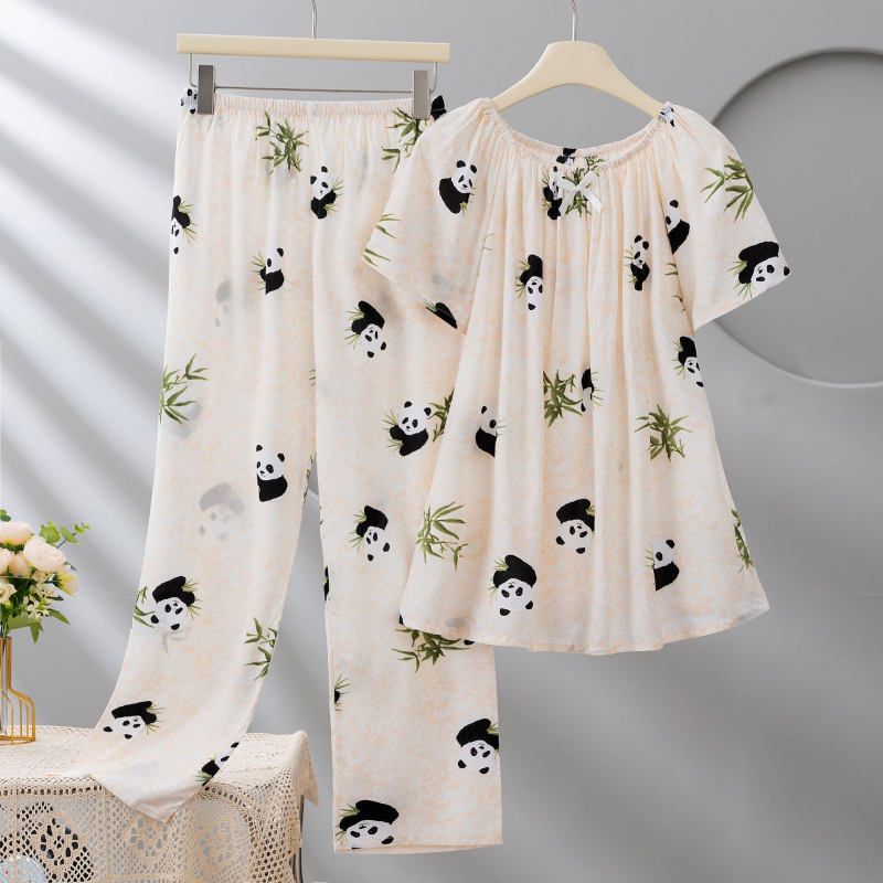 Σετ πιτζάμες από Lyocell για γυναίκες, με στρογγυλή λαιμόκοψη, μανίκια 3/4, μακριά παντελόνια, εκτύπωση, ελαφρύ και διαπνέον.