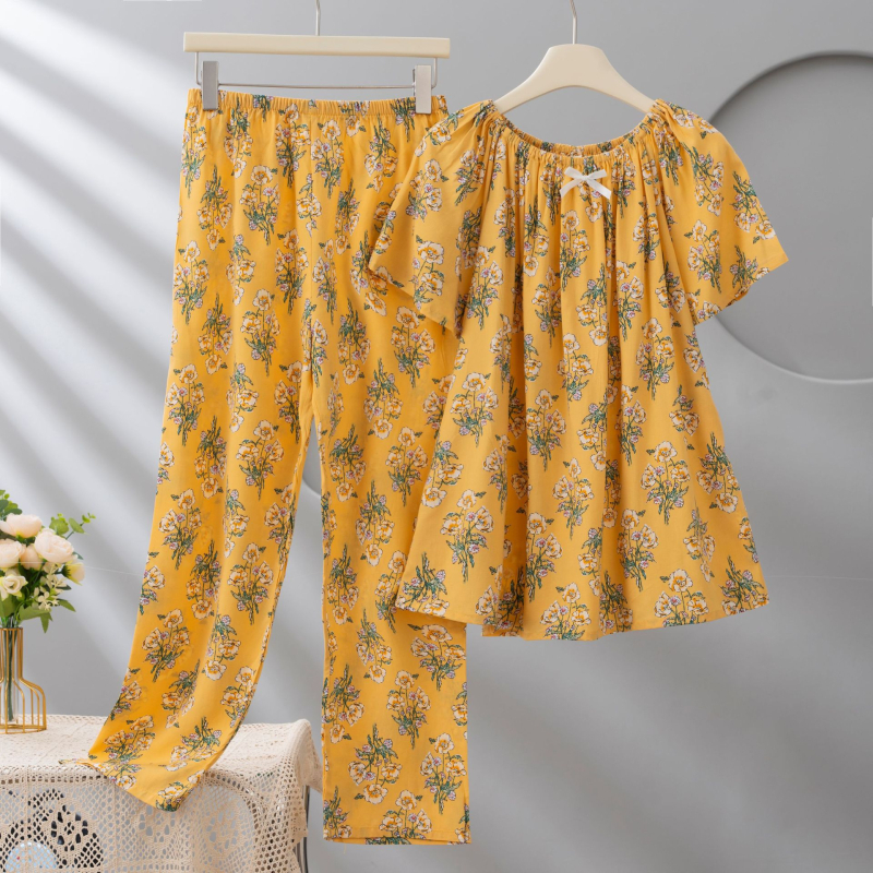 Σετ πιτζάμες από Lyocell για γυναίκες, με στρογγυλή λαιμόκοψη, μανίκια 3/4, μακριά παντελόνια, εκτύπωση, ελαφρύ και διαπνέον.