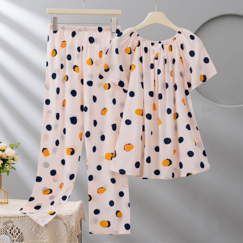 Σετ πιτζάμες από Lyocell για γυναίκες, με στρογγυλή λαιμόκοψη, μανίκια 3/4, μακριά παντελόνια, εκτύπωση, ελαφρύ και διαπνέον.