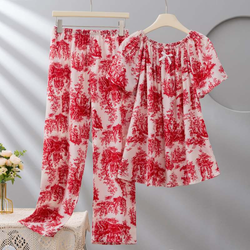 Σετ πιτζάμες από Lyocell για γυναίκες, με στρογγυλή λαιμόκοψη, μανίκια 3/4, μακριά παντελόνια, εκτύπωση, ελαφρύ και διαπνέον.