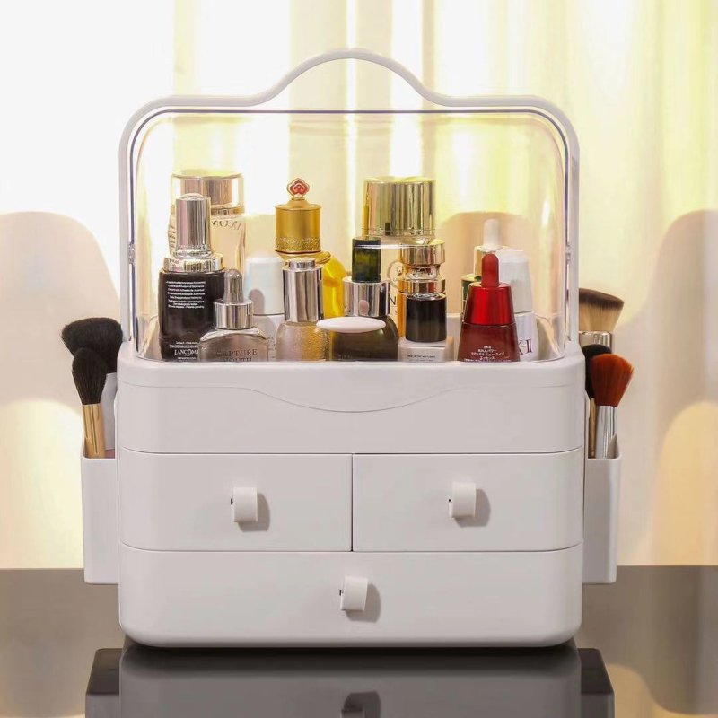 Преносима кутия за козметика за съхранение с голям капацитет, ABS материал, капак с отваряне, прахоустойна, с разширителен слой