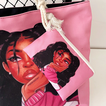 Τσάντα καμβά με εκτύπωση καρτούν, μεγάλη χωρητικότητα, άνοιγμα με φερμουάρ, μορφή οριζόντιου τετραγώνου, επένδυση πολυεστέρα, διπλοί ιμάντες