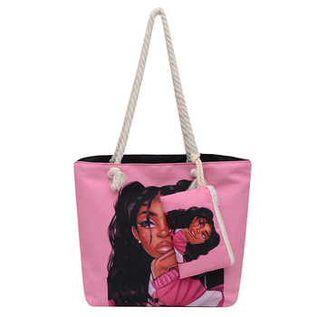 Τσάντα καμβά με εκτύπωση καρτούν, μεγάλη χωρητικότητα, άνοιγμα με φερμουάρ, μορφή οριζόντιου τετραγώνου, επένδυση πολυεστέρα, διπλοί ιμάντες