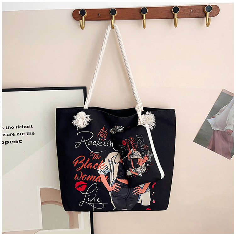 Τσάντα καμβά με εκτύπωση καρτούν, μεγάλη χωρητικότητα, άνοιγμα με φερμουάρ, μορφή οριζόντιου τετραγώνου, επένδυση πολυεστέρα, διπλοί ιμάντες