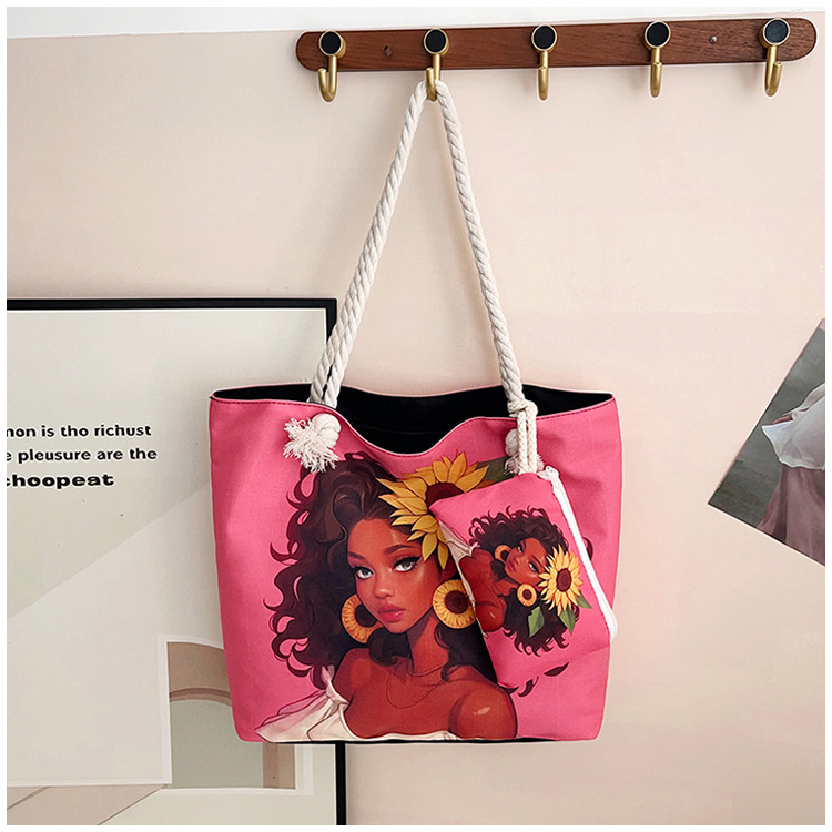 Τσάντα καμβά με εκτύπωση καρτούν, μεγάλη χωρητικότητα, άνοιγμα με φερμουάρ, μορφή οριζόντιου τετραγώνου, επένδυση πολυεστέρα, διπλοί ιμάντες