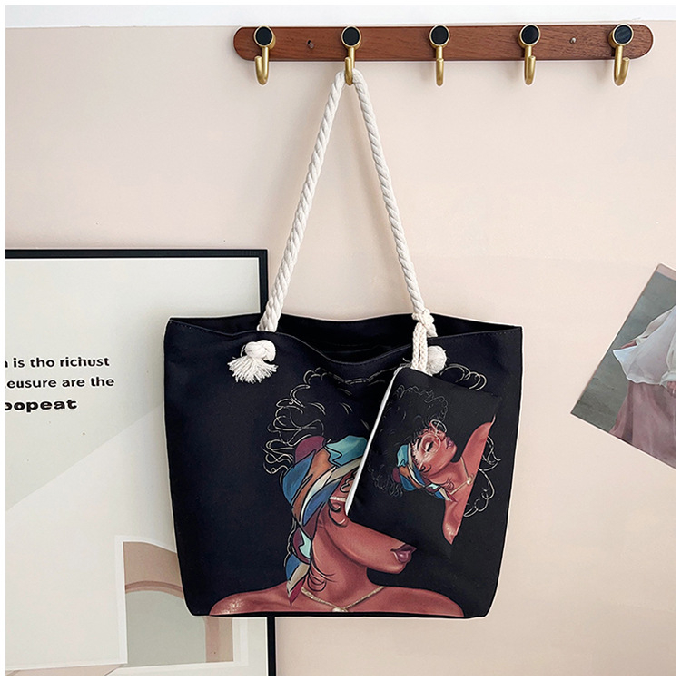 Τσάντα καμβά με εκτύπωση καρτούν, μεγάλη χωρητικότητα, άνοιγμα με φερμουάρ, μορφή οριζόντιου τετραγώνου, επένδυση πολυεστέρα, διπλοί ιμάντες