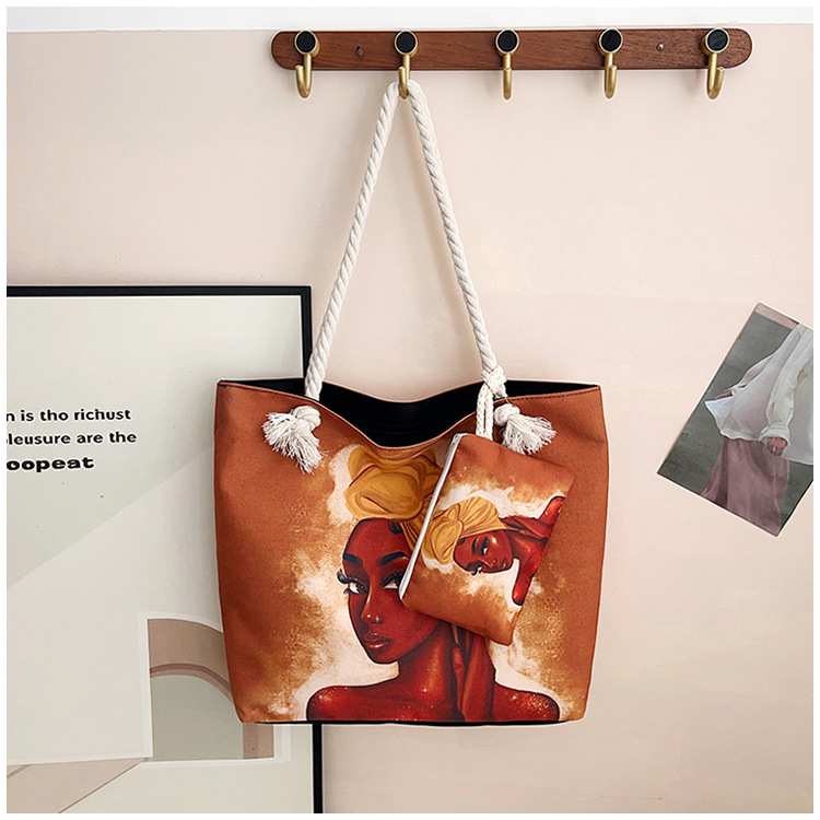 Τσάντα καμβά με εκτύπωση καρτούν, μεγάλη χωρητικότητα, άνοιγμα με φερμουάρ, μορφή οριζόντιου τετραγώνου, επένδυση πολυεστέρα, διπλοί ιμάντες