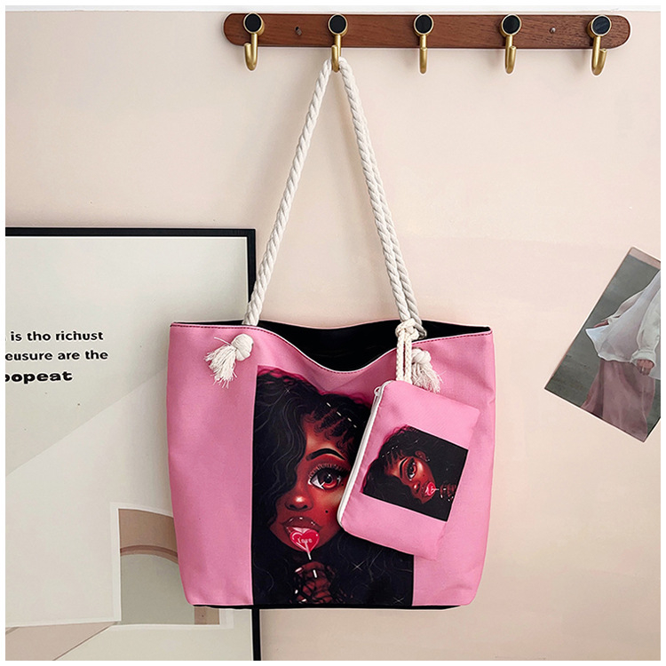 Τσάντα καμβά με εκτύπωση καρτούν, μεγάλη χωρητικότητα, άνοιγμα με φερμουάρ, μορφή οριζόντιου τετραγώνου, επένδυση πολυεστέρα, διπλοί ιμάντες