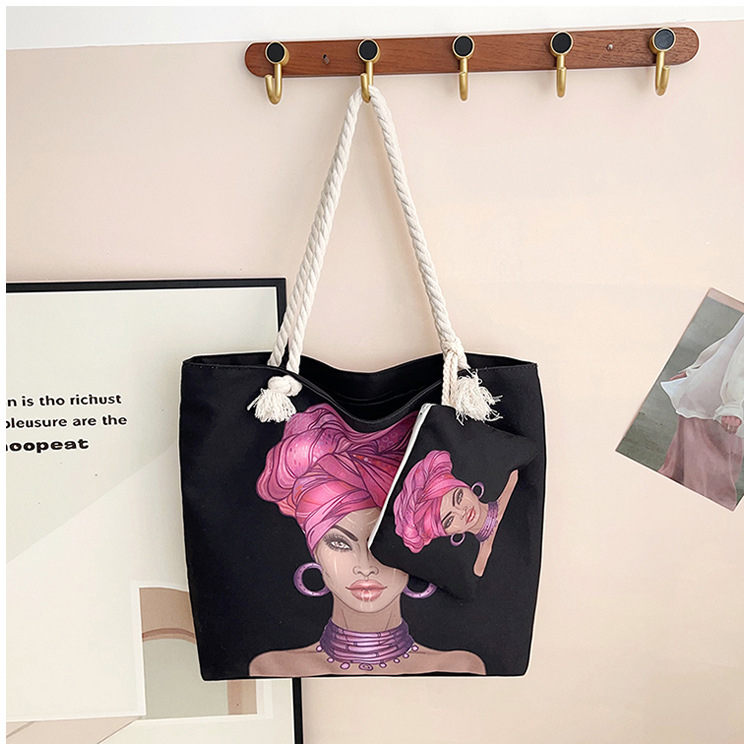 Τσάντα καμβά με εκτύπωση καρτούν, μεγάλη χωρητικότητα, άνοιγμα με φερμουάρ, μορφή οριζόντιου τετραγώνου, επένδυση πολυεστέρα, διπλοί ιμάντες