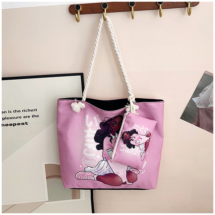 Τσάντα καμβά με εκτύπωση καρτούν, μεγάλη χωρητικότητα, άνοιγμα με φερμουάρ, μορφή οριζόντιου τετραγώνου, επένδυση πολυεστέρα, διπλοί ιμάντες