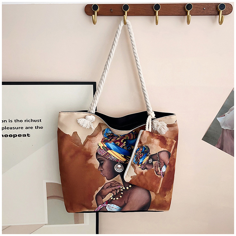 Τσάντα καμβά με εκτύπωση καρτούν, μεγάλη χωρητικότητα, άνοιγμα με φερμουάρ, μορφή οριζόντιου τετραγώνου, επένδυση πολυεστέρα, διπλοί ιμάντες