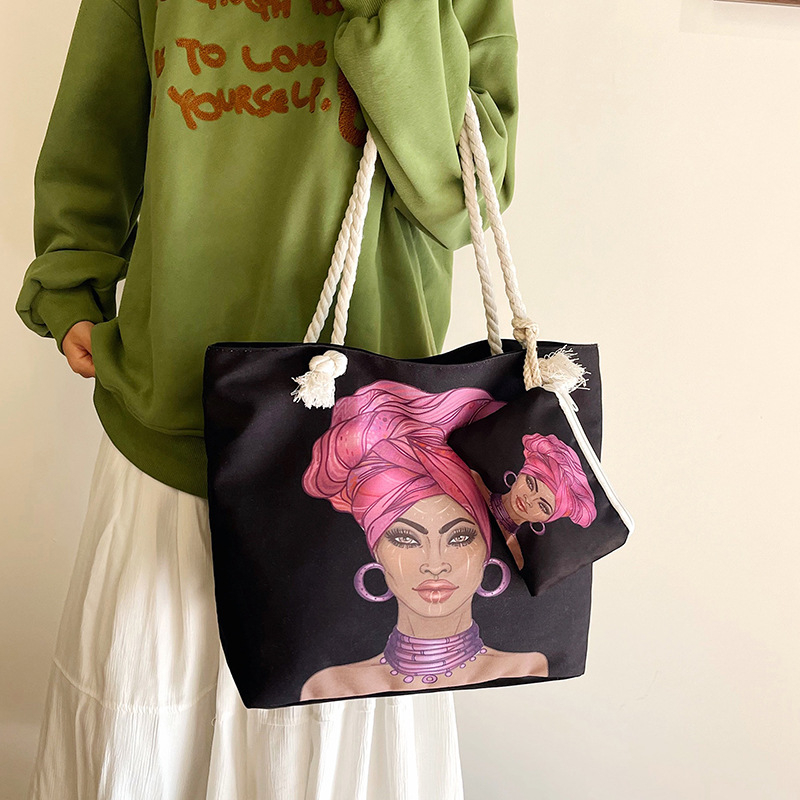 Τσάντα καμβά με εκτύπωση καρτούν, μεγάλη χωρητικότητα, άνοιγμα με φερμουάρ, μορφή οριζόντιου τετραγώνου, επένδυση πολυεστέρα, διπλοί ιμάντες