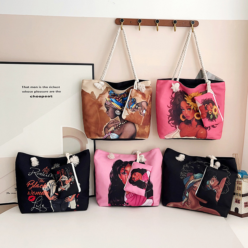 Τσάντα καμβά με εκτύπωση καρτούν, μεγάλη χωρητικότητα, άνοιγμα με φερμουάρ, μορφή οριζόντιου τετραγώνου, επένδυση πολυεστέρα, διπλοί ιμάντες