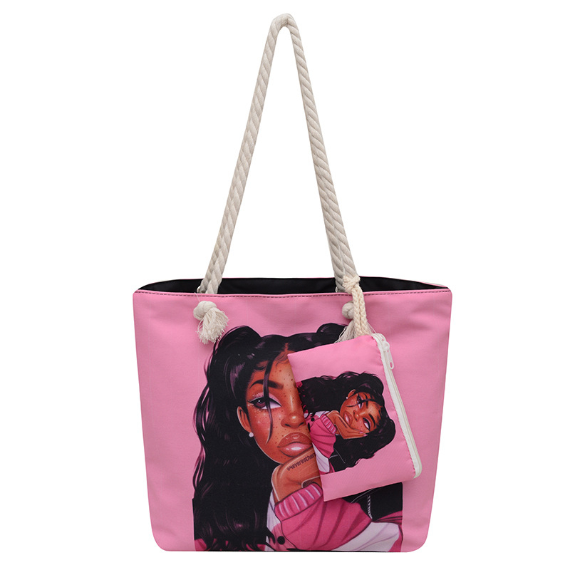 Τσάντα καμβά με εκτύπωση καρτούν, μεγάλη χωρητικότητα, άνοιγμα με φερμουάρ, μορφή οριζόντιου τετραγώνου, επένδυση πολυεστέρα, διπλοί ιμάντες