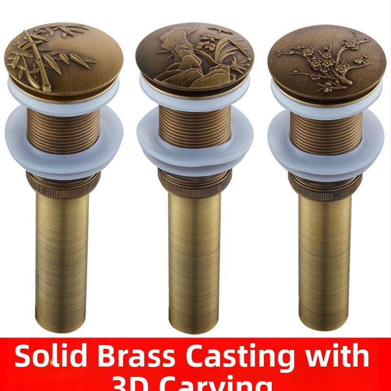 Antický odtok do umývadla z čistej meďe s vyrezávaným vzorom a pop-up mechanizmom