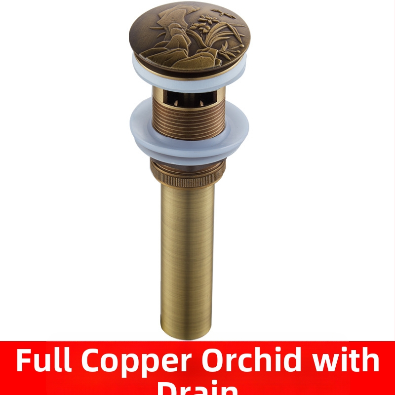 Antický odtok do umývadla z čistej meďe s vyrezávaným vzorom a pop-up mechanizmom