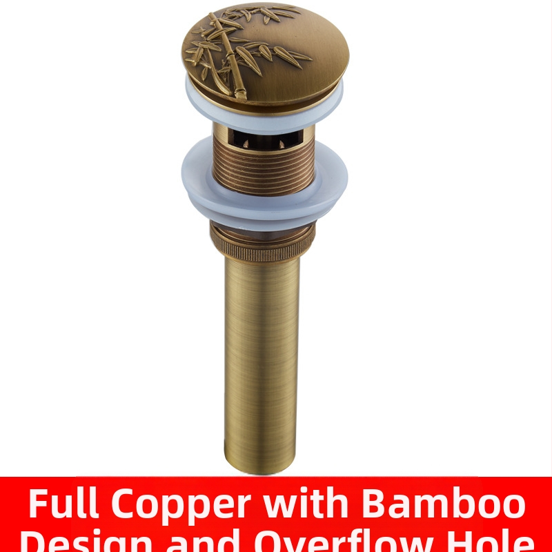 Antický odtok do umývadla z čistej meďe s vyrezávaným vzorom a pop-up mechanizmom