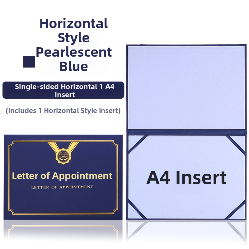 Kinevezési levél forró fóliázott borítóval és gyöngyházfényű matt felülettel, papíron. Specifikációk: 12K, 8K, 6K, 5K, 16K. Célzott felhasználók: diákok, tanárok, köztisztviselők, irodai dolgozók és vállalati munkatársak.