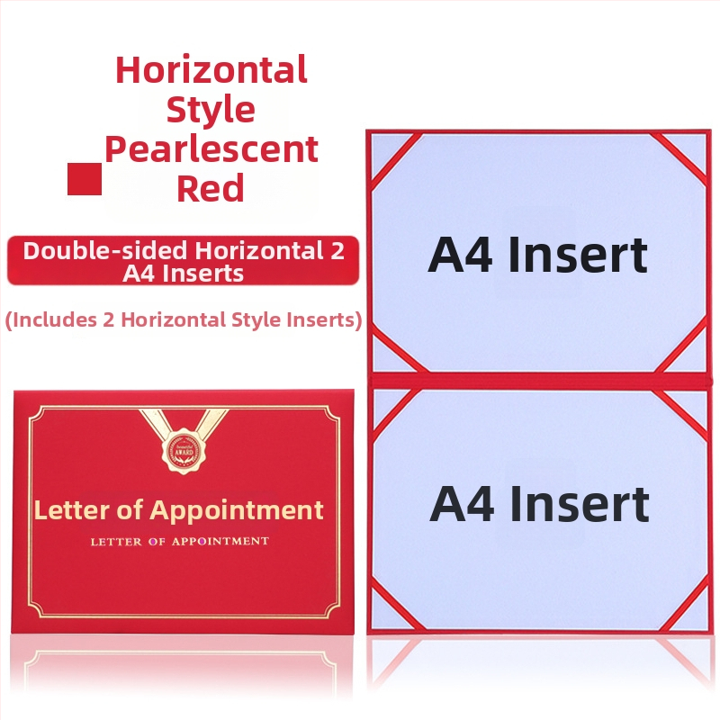 Kinevezési levél forró fóliázott borítóval és gyöngyházfényű matt felülettel, papíron. Specifikációk: 12K, 8K, 6K, 5K, 16K. Célzott felhasználók: diákok, tanárok, köztisztviselők, irodai dolgozók és vállalati munkatársak.