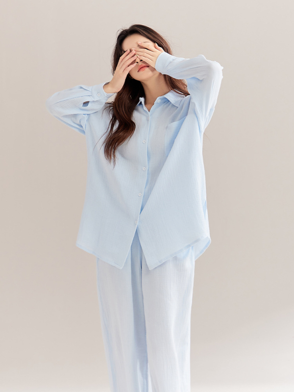 Γυναικείες πιτζάμες εγκυμοσύνης, 100% βαμβάκι, διπλής στρώσης γάζα, cardigan στυλ, μακριά μανίκια και παντελόνια, άνοιξη-φθινόπωρο