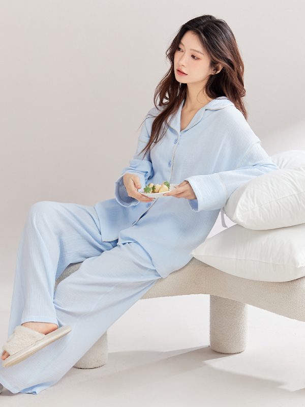 Γυναικείες πιτζάμες εγκυμοσύνης, 100% βαμβάκι, διπλής στρώσης γάζα, cardigan στυλ, μακριά μανίκια και παντελόνια, άνοιξη-φθινόπωρο