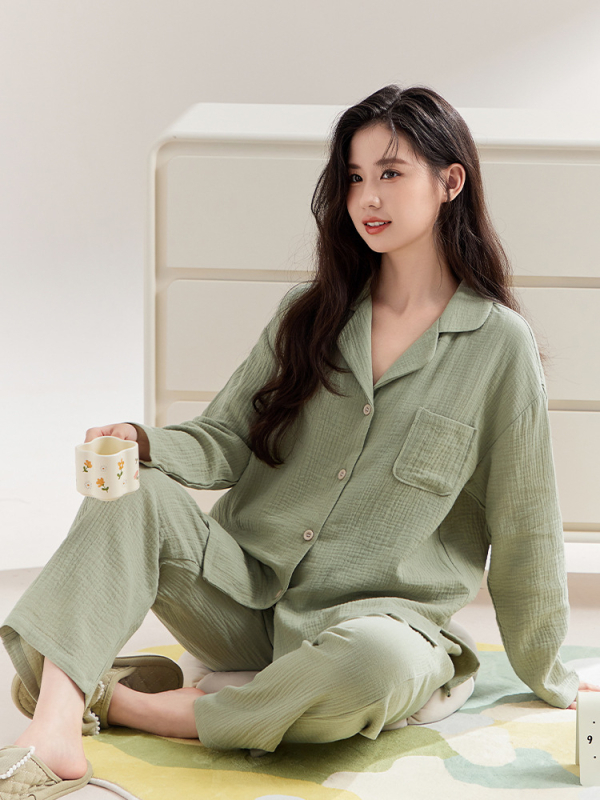 Γυναικείες πιτζάμες εγκυμοσύνης, 100% βαμβάκι, διπλής στρώσης γάζα, cardigan στυλ, μακριά μανίκια και παντελόνια, άνοιξη-φθινόπωρο