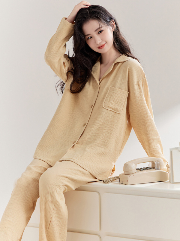 Γυναικείες πιτζάμες εγκυμοσύνης, 100% βαμβάκι, διπλής στρώσης γάζα, cardigan στυλ, μακριά μανίκια και παντελόνια, άνοιξη-φθινόπωρο