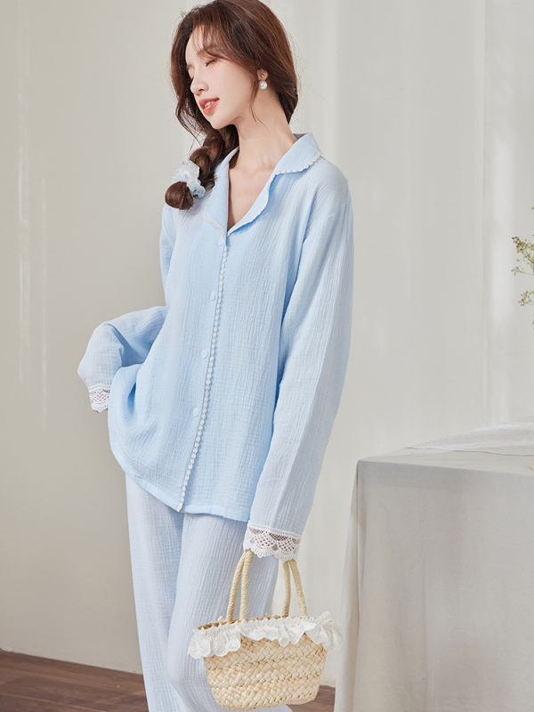 Γυναικείες πιτζάμες εγκυμοσύνης, 100% βαμβάκι, διπλής στρώσης γάζα, cardigan στυλ, μακριά μανίκια και παντελόνια, άνοιξη-φθινόπωρο