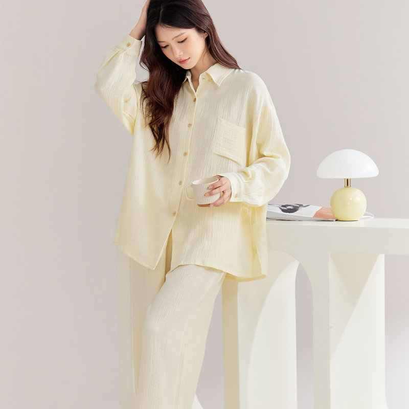 Γυναικείες πιτζάμες εγκυμοσύνης, 100% βαμβάκι, διπλής στρώσης γάζα, cardigan στυλ, μακριά μανίκια και παντελόνια, άνοιξη-φθινόπωρο