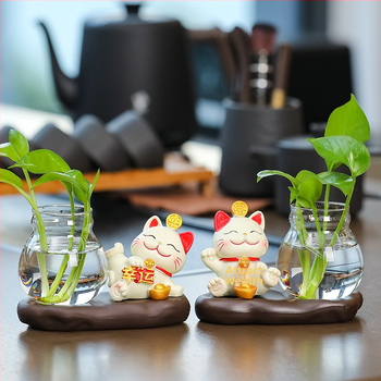 Vază hidroponică din rășină Rui Jie, cu motiv de pisică norocoasă – decor pentru birou sau living