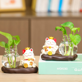 Vază hidroponică din rășină Rui Jie, cu motiv de pisică norocoasă – decor pentru birou sau living