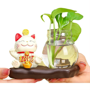 Vază hidroponică din rășină Rui Jie, cu motiv de pisică norocoasă – decor pentru birou sau living