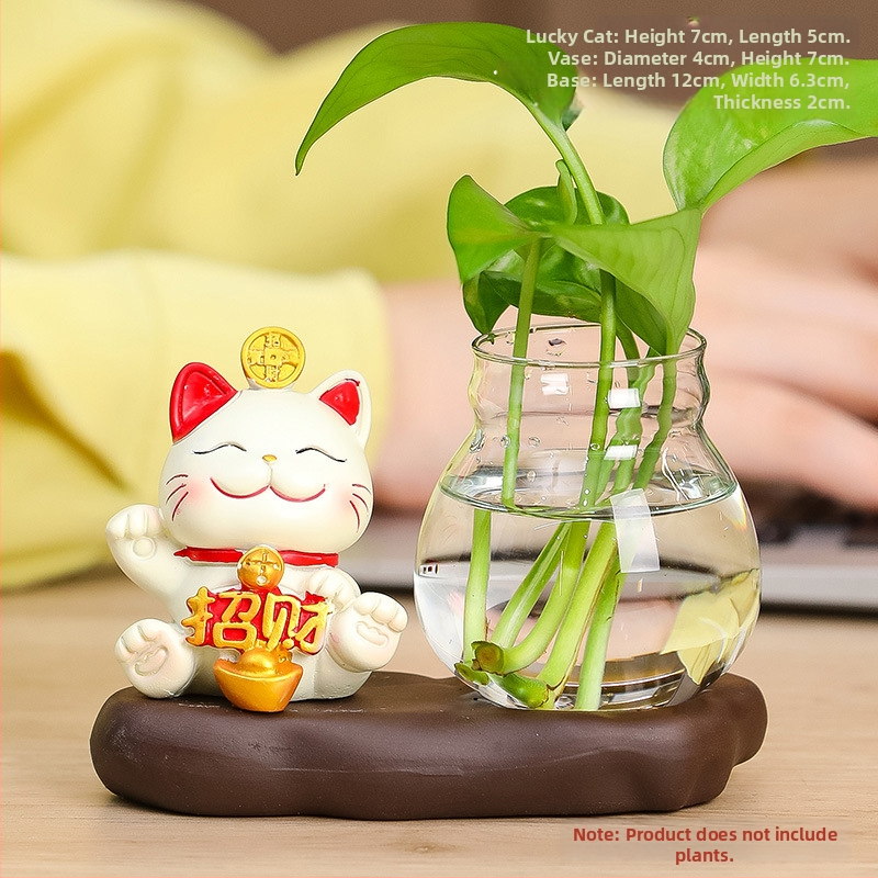 Vază hidroponică din rășină Rui Jie, cu motiv de pisică norocoasă – decor pentru birou sau living