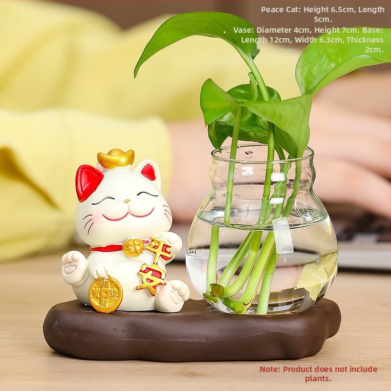 Vază hidroponică din rășină Rui Jie, cu motiv de pisică norocoasă – decor pentru birou sau living