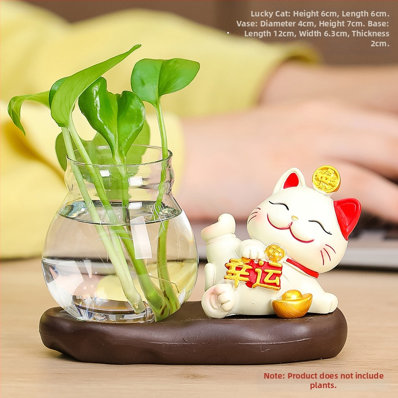 Vază hidroponică din rășină Rui Jie, cu motiv de pisică norocoasă – decor pentru birou sau living