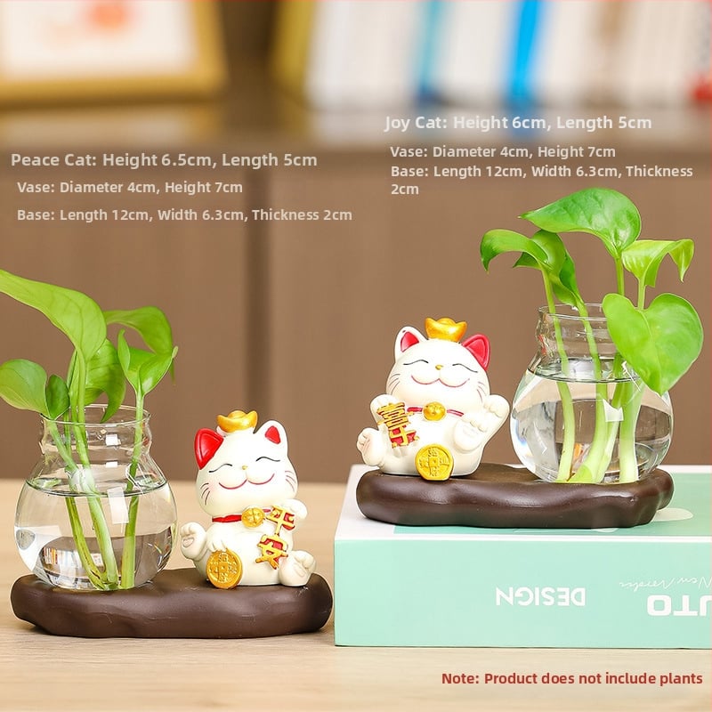 Vază hidroponică din rășină Rui Jie, cu motiv de pisică norocoasă – decor pentru birou sau living