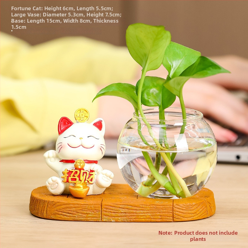 Vază hidroponică din rășină Rui Jie, cu motiv de pisică norocoasă – decor pentru birou sau living