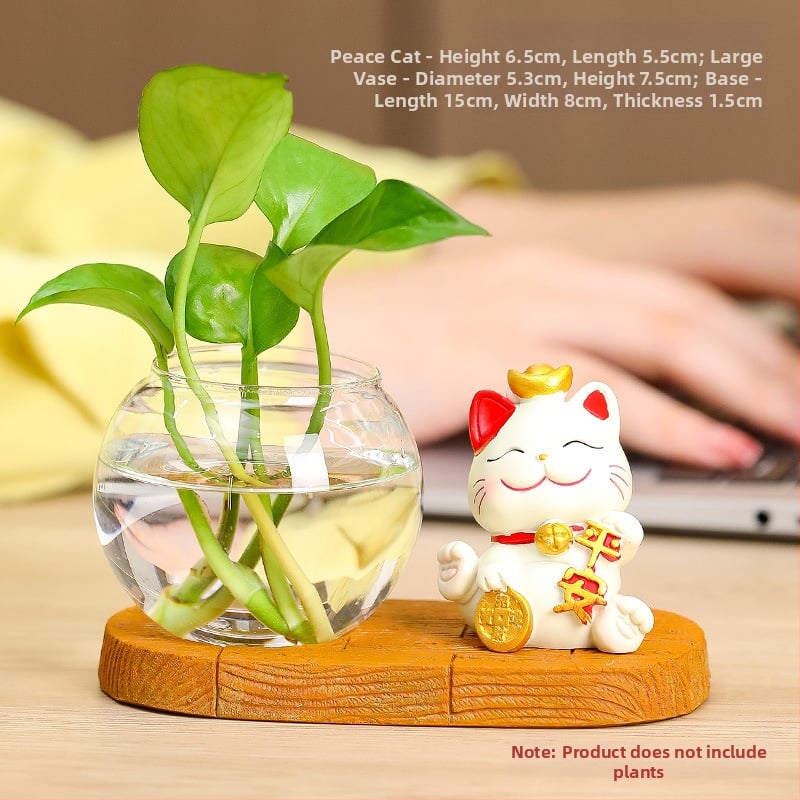 Vază hidroponică din rășină Rui Jie, cu motiv de pisică norocoasă – decor pentru birou sau living