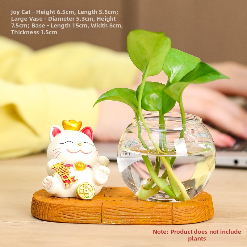 Vază hidroponică din rășină Rui Jie, cu motiv de pisică norocoasă – decor pentru birou sau living