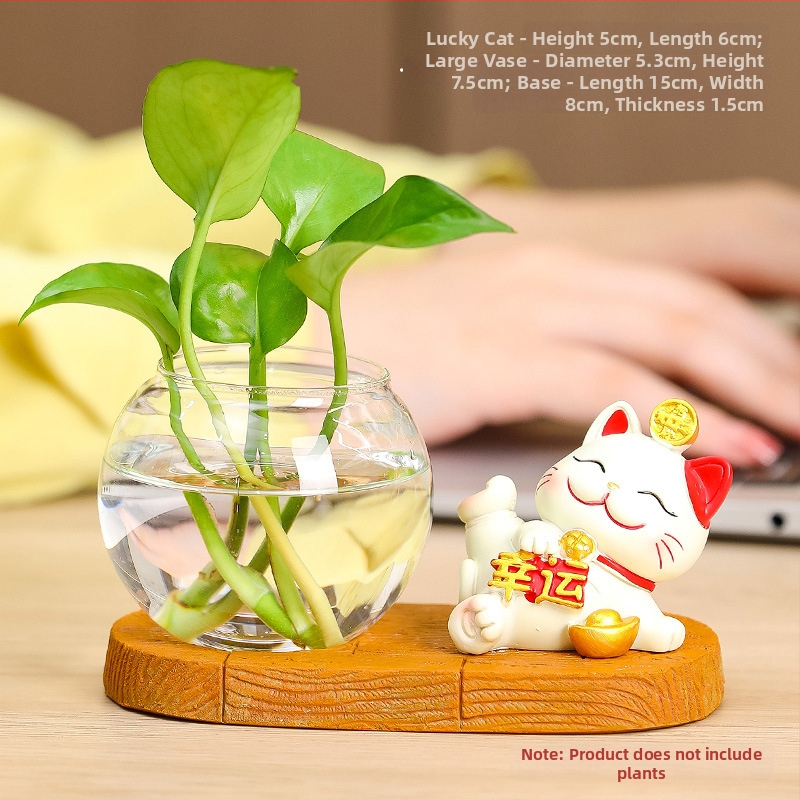 Vază hidroponică din rășină Rui Jie, cu motiv de pisică norocoasă – decor pentru birou sau living