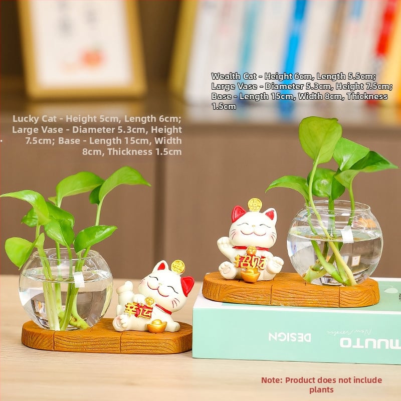 Vază hidroponică din rășină Rui Jie, cu motiv de pisică norocoasă – decor pentru birou sau living