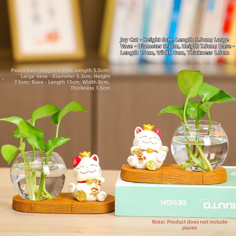 Vază hidroponică din rășină Rui Jie, cu motiv de pisică norocoasă – decor pentru birou sau living