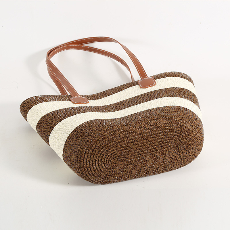 Szalmából készült tote táska - városi egyszerű stílus, vízszintes négyzet alakú, cipzáros nyitás, belső zseb a telefonhoz