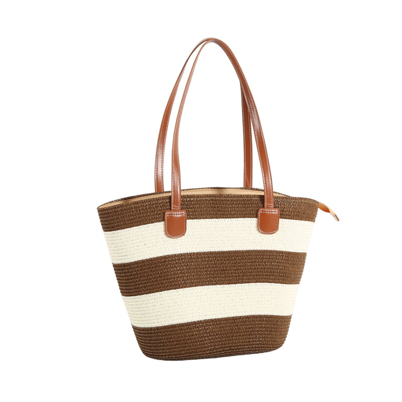 Szalmából készült tote táska - városi egyszerű stílus, vízszintes négyzet alakú, cipzáros nyitás, belső zseb a telefonhoz